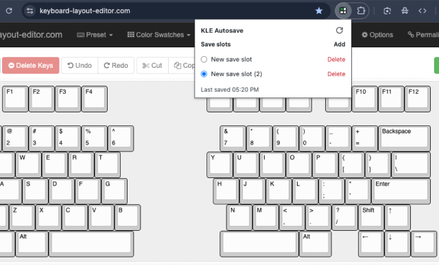 KLE Autosave popup shown on keyboard-layout-editor.com